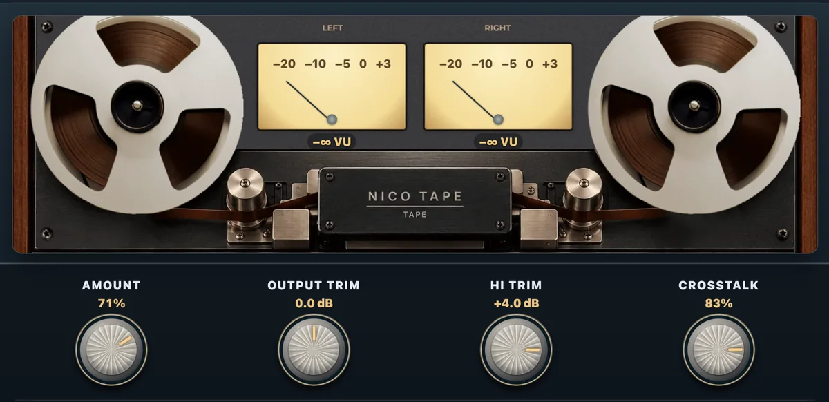 Actual Nico Tape audio processor with tape reels, analog VU meters, Amount and Output Trim controls