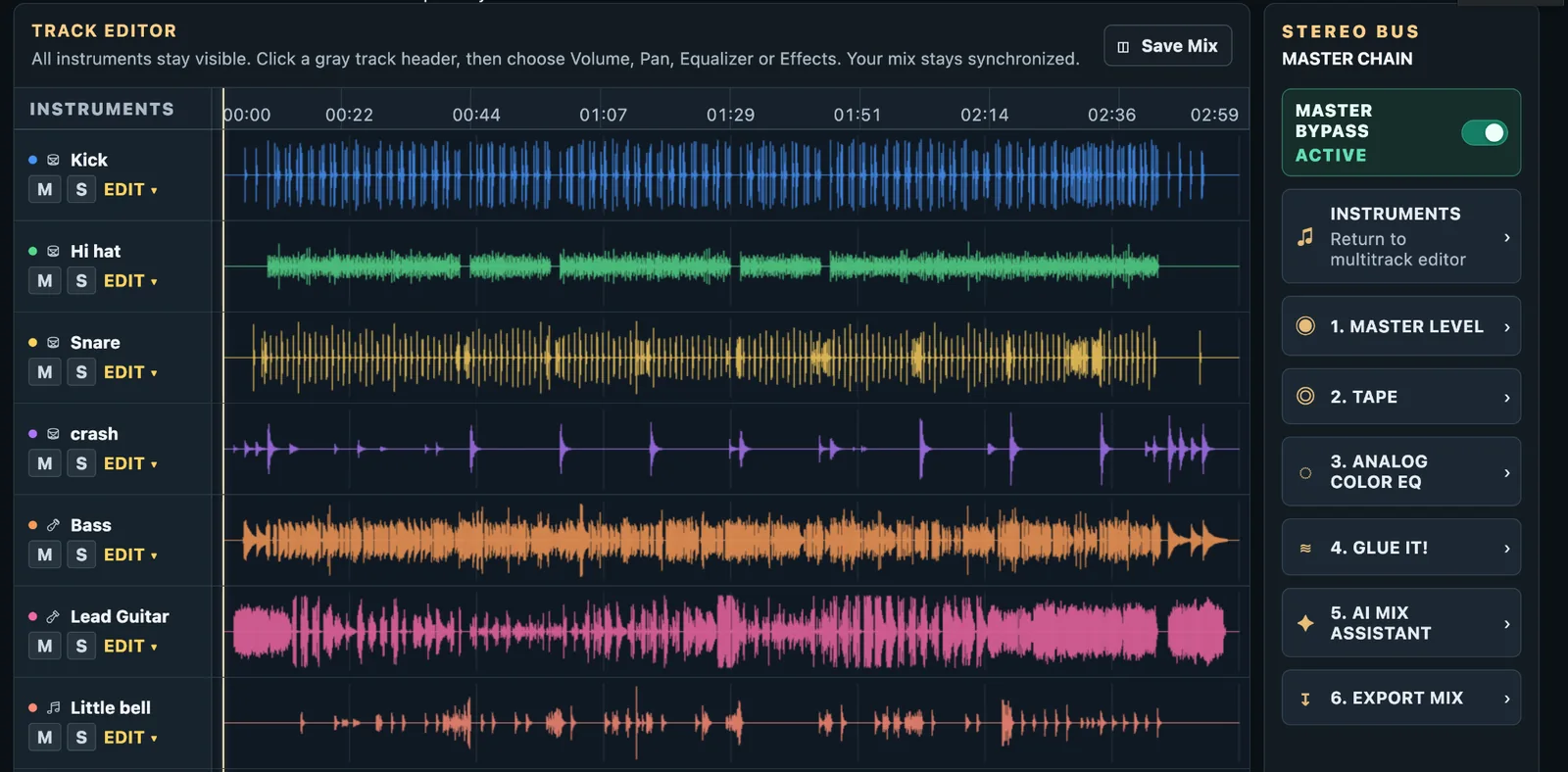 Actual Nico Studio Mix and Mastering Suite interface showing separate drum, bass and guitar tracks, audio waveforms, stereo bus and mastering controls